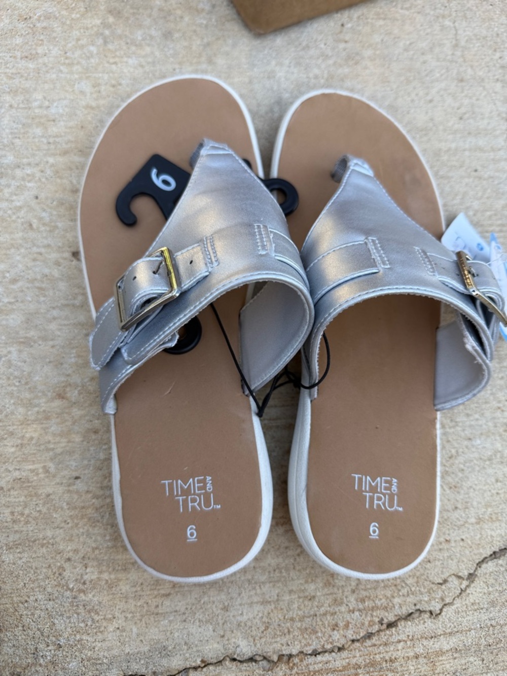 Time and Tru Metallic Silver Buckle Slide Sandals